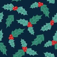 Seamless pattern with holly on dark background. Christmas and New Year. illustration. vector