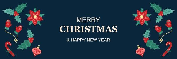Horizontal merry Christmas banner with floral pattern and decorations. Greeting card on dark background. Christmas and New Year. illustration. vector