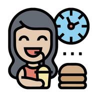 A woman is eating a hamburger and a clock is in the background vector