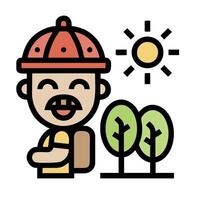 A man with a hat and a backpack is standing in front of trees vector