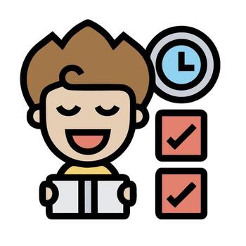 un dibujos animados hombre leyendo un libro con un reloj y cheque marcas vector