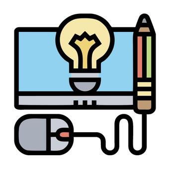A computer mouse and light bulb are connected to a computer vector