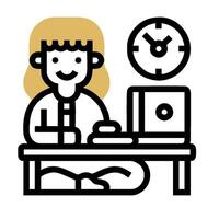 A woman is sitting at a desk with a clock and a computer vector