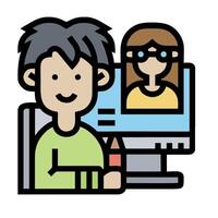 A man and woman are sitting at a computer vector