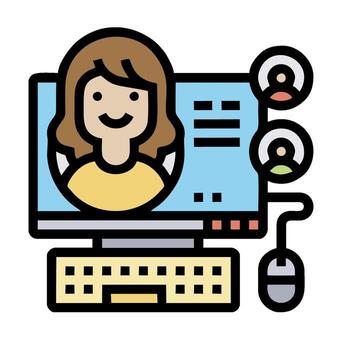 A woman is sitting in front of a computer with a mouse and keyboard vector