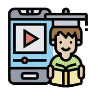 A man is reading a book and watching a on a phone vector