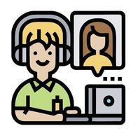 A man with headphones and a laptop is sitting in front of a computer vector