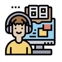 A man wearing headphones is sitting in front of a computer vector