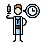 A man in a lab coat holding a syringe and a clock vector