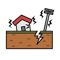 House and utility pole shake from earthquake and ground crack. vector