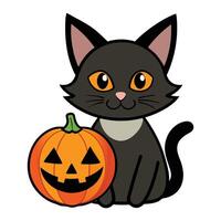 A black cat with a pumpkin on it and a black cat with a carved face. vector