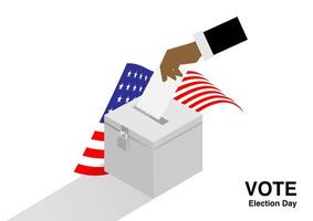 voter dropping ballots in the election box with the national flag of the USA background vector