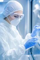 A scientist conducts pathogen research in a sterile laboratory using advanced equipment under soft lighting photo