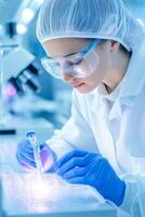 Scientist conducting pathogen research in a sterile laboratory with focused attention under soft lighting photo