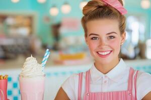 Cheerful waitress in 1950s diner uniform serving milkshakes and fries at a retro counter with bright colors photo