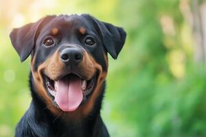 A playful Rottweiler puppy enjoying a refreshing drink after a fun playtime in a sunny backyard garden photo