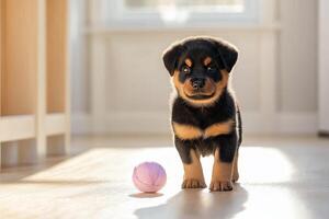 A playful Rottweiler puppy barks at a ball of yarn in a cozy indoor setting filled with soft shadows photo