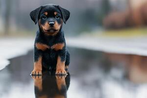 Curious Rottweiler puppy gazing at its reflection in a rain puddle under soft natural light photo