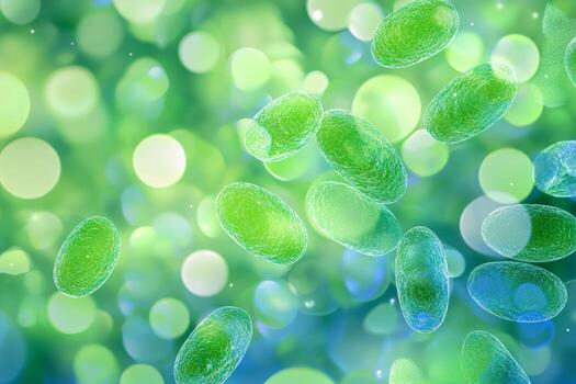 Microscopic view of multiplying bacteria and viruses with neon green and blue lighting in a minimalist setting photo