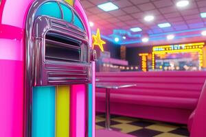 A colorful vintage jukebox nestled in a retro diner corner with vibrant neon lights and plush seating photo