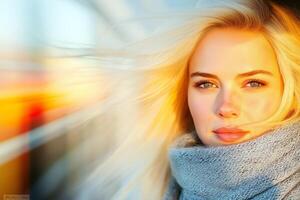A blonde woman in a scarf enjoys the breeze by a moving train in warm, soft light photo