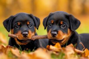 A playful Rottweiler puppy fetches a stick in a lush park setting surrounded by autumn foliage photo