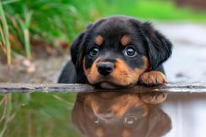 Curious Rottweiler puppy explores its reflection in a rain puddle on a serene day photo
