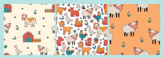 Farm animals seamless patterns with hand drawn elements, doodles for nursery prints, wallpaper, wrapping paper, scrapbooking, stationery, textile, etc. EPS 10 vector