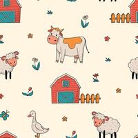 Farm animals and barns seamless pattern for nursery prints, wallpaper, backgrounds, scrapbooking, stationery, wrapping paper, textile, kitchenware, etc. EPS 10 vector