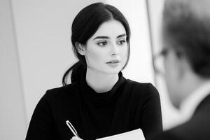 Young finance consultant discusses investment strategies with client in modern office setting photo