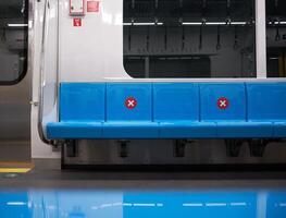 Empty seat of mass rapid transit MRT Jakarta with physical distancing sign in the Covid-19 pandemic photo