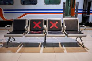 Row of seats with physical distancing signs in the Pasar Senen train station, Jakarta. Seats in the platform of train station with social distancing signs photo