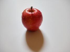Single red apple with water drops isolated on white background. Close up view of natural fruits photo concept.