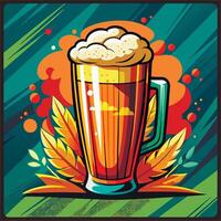 A beer mug with foam and leaves on a green background vector