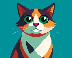 A colorful cat with green eyes on a blue background vector