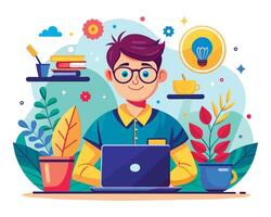 A man with glasses and a laptop is sitting at a desk with plants and other objects vector