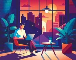 Man working on laptop in front of window with city view vector