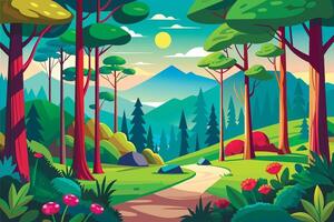 illustration of a forest path with trees and flowers vector