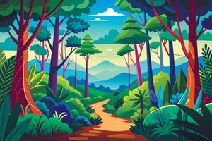 illustration of a tropical forest landscape with a path and trees vector