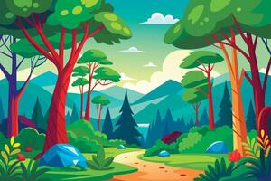 illustration of a colorful forest landscape with a path and trees vector