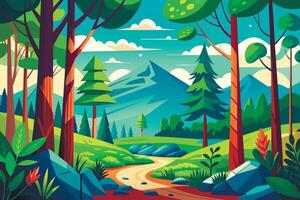 A colorful illustration of a forest with a path vector