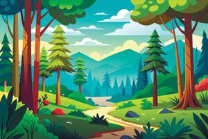 illustration of a forest landscape with a path and trees vector