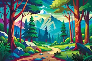 A painting of a forest with a path and trees vector