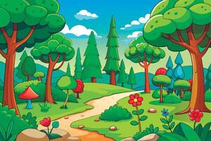 Cartoon forest scene with path and trees vector