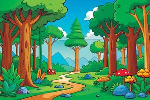 Cartoon forest scene with path and mushrooms vector