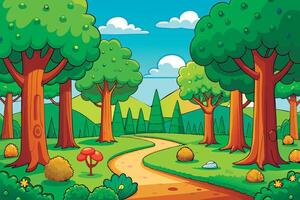 Cartoon forest path with trees and flowers vector