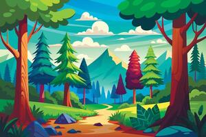 illustration of a forest landscape with a path and trees vector