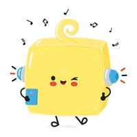 Butter listens to music on headphones with a smartphone. hand drawn cartoon kawaii character illustration icon. Isolated on white background. Butter character concept vector