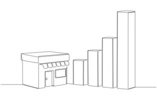Continuous one line drawing of franchise shop and rising bar graph, business growth through franchise expansion concept, single line art. vector