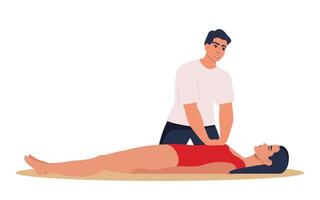 Beach lifeguard performs indirect heart massage to drowning woman rescued from the water. Emergency drowning assistance situation. Cardio Pulmonary Resuscitation. . vector